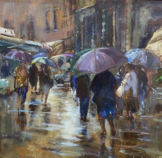 Roger Dellar (Wapping Group), oil on canvas, Rain in the Market, Umbria, signed, Mall Gallery label verso, 48 x 47cm